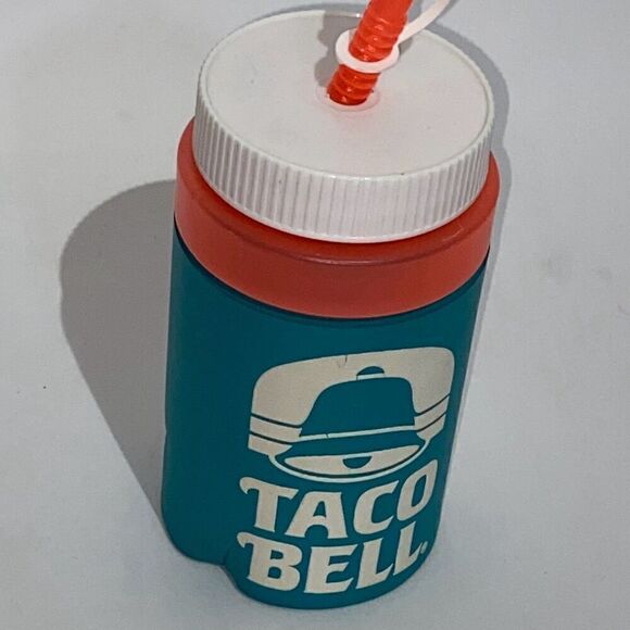 Taco Bell Multicolor 1990's Water Plastic Bottle with Foam Insulation and Straw - Picture 2 of 9